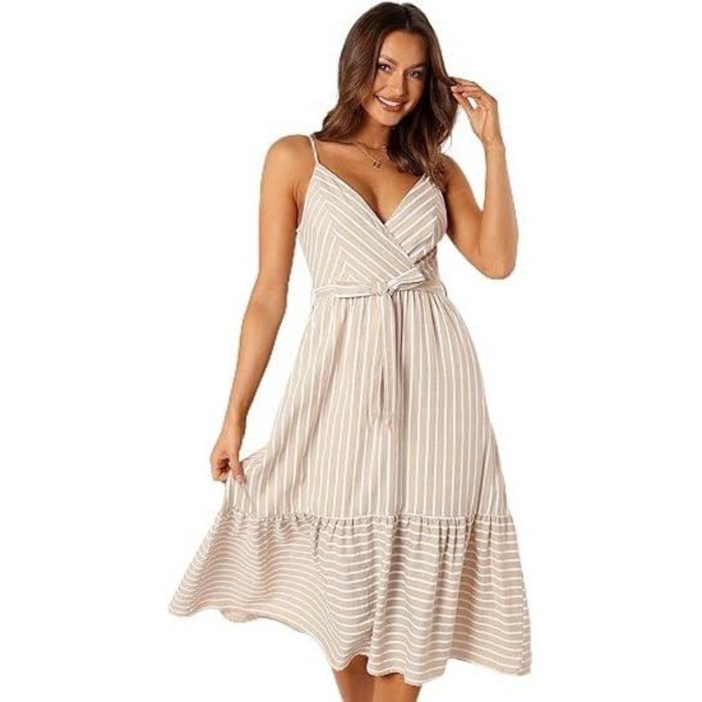 Petal + Pup Odette Midi Dress Womens 4 Tan White Striped Linen Blend V-Neck‎
